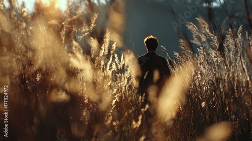 Silhouette person walking golden grass field