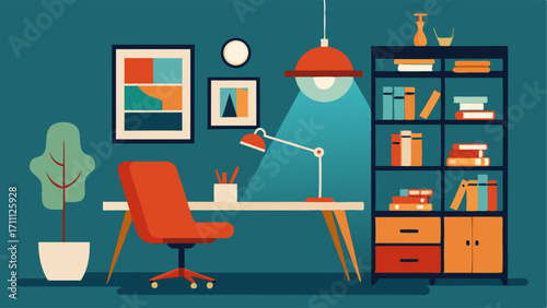A home office with a retro desk and chair a modern bookshelf with retro accents and a statement light fixture.