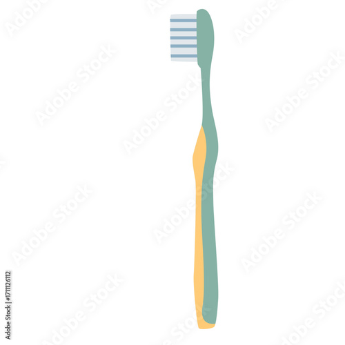 Green and yellow toothbrush, dental hygiene tool illustration ideal for health or kids' themes.

