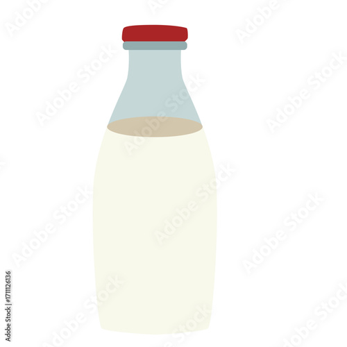 White milk bottle with red cap, dairy product illustration ideal for breakfast or health themes.

