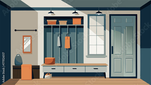 A mudroom with builtin storage cubbies and a bench perfect for a modern farmhouse family.
