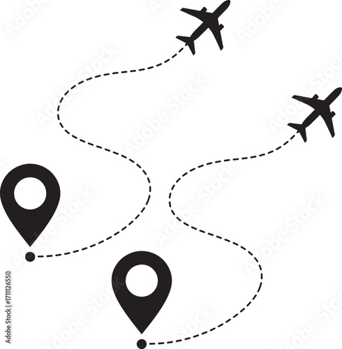 Airplane flight path route with location pin. Start point and destination line trace. Travel, journey, and vacation concept. Aircraft tracking on map vector icon.