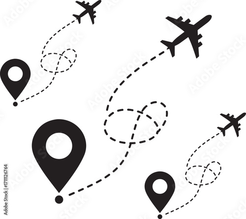 Airplane flight path with location pin. Travel route concept with start and destination point. Aircraft flying on a dotted line. Journey or trip symbol.