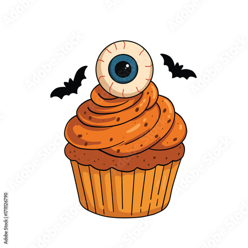 Halloween cupcake with orange cream, topped with a big monster’s eye and surrounded by bats. Spooky and playful vector illustration is perfect for seasonal designs such as party invitations, posters