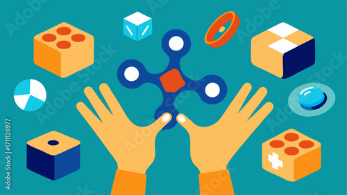 Fidgeting Hands A closeup of hands playing with various fidget items like spinners cubes and bands to show active sensory engagement.