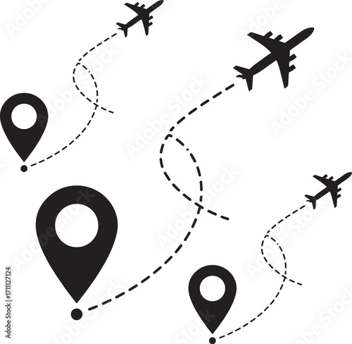 Airplane flight path icon. Travel from start point to destination. Dotted line route with location pin. Journey, trip, vacation, tourism concept.