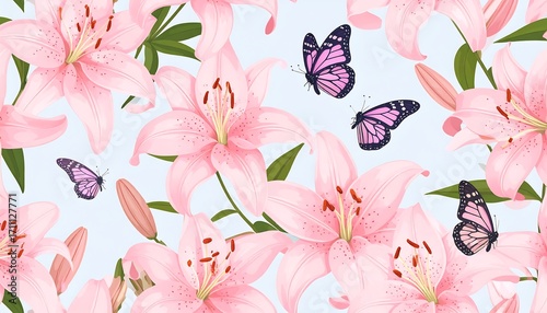 Delicate pink lilies and butterflies create a cheerful, floral pattern.