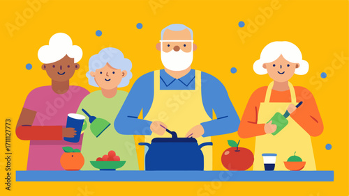 Cooking Class Seniors gathered in a bright kitchen excitedly preparing a meal together. They are chopping vegetables and stirring pots with ingredients and recipes displayed.