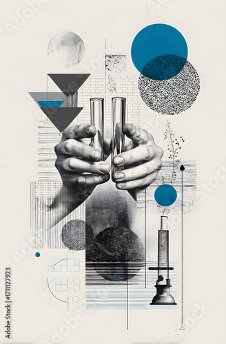 Abstract representation of a scientific experiment with hands holding glass tubes.