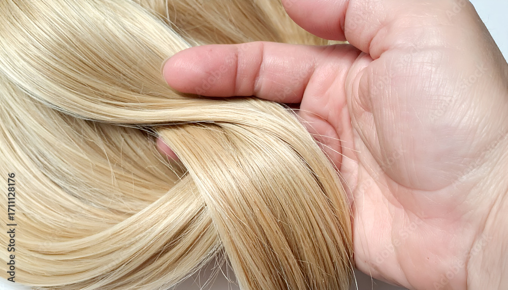 Fototapeta premium A hand gently holds a bundle of luxurious blonde hair, showcasing its smooth texture and vibrant color. Ideal for beauty, hair care, and styling concepts.