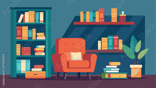 A quiet reading nook with shelves of books and comfortable armchairs.