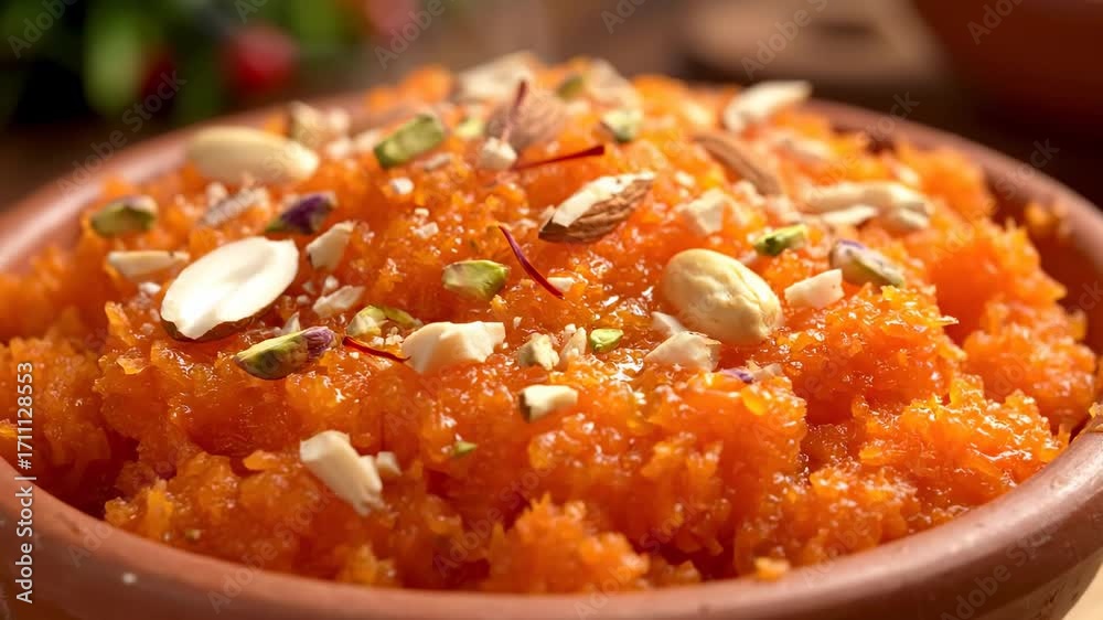 Close up Pakistani gajar ka halwa carrot dessert nuts cinematic UHD handheld South Asian dessert lifestyle stock video. asian sweet carrot pudding delicacy nuts cinematic
