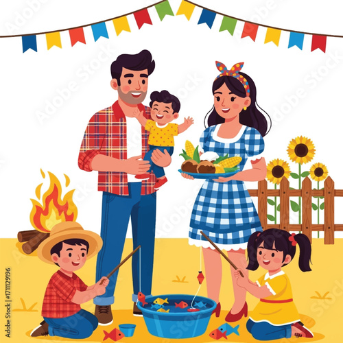 A happy family celebrates a Brazilian Festa Junina outdoors, with food, games, and traditional attire.