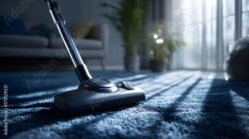 Wallpaper Mural Vacuum cleaner on plush blue carpet with sunlight streaming through window creating shadows Torontodigital.ca