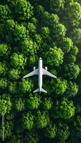 Aerial view of a white passenger jet above lush green forest canopy