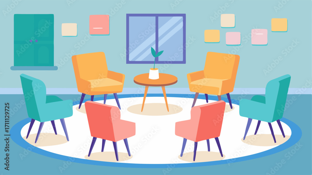 Fototapeta premium A group therapy room with comfortable chairs arranged in a circle and a whiteboard for discussing mental health.