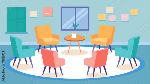 A group therapy room with comfortable chairs arranged in a circle and a whiteboard for discussing mental health.