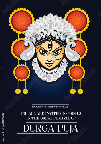 festival dhamaka of Happy Dussehra Navratri background Template Design celebration of festival of durga puja with text in bengali Durga  puja meaning Happy durga puja