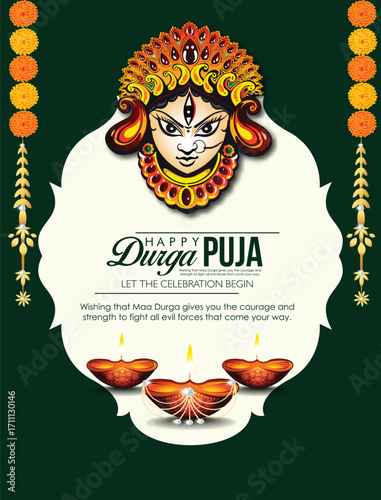 festival dhamaka of Happy Dussehra Navratri background Template Design celebration of festival of durga puja with text in bengali Durga  puja meaning Happy durga puja