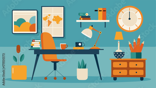 A home office with a sleek midcentury desk and a variety of eclectic decorations such as a vintage globe and a funky lamp.