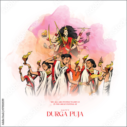 festival dhamaka of Happy Dussehra Navratri background Template Design celebration of festival of durga puja with text in bengali Durga  puja meaning Happy durga puja