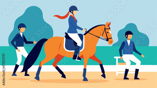 Equestrian Competition A rider in an adaptive saddle navigating a dressage course on horseback demonstrating grace and skill with helpers nearby.