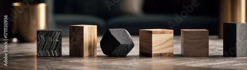 Collection of geometric shapes and objects made of wood and dark materials.