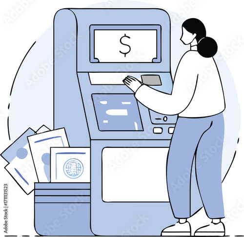 Flat Isometric ATM Machine Dispensing Cash Illustration
