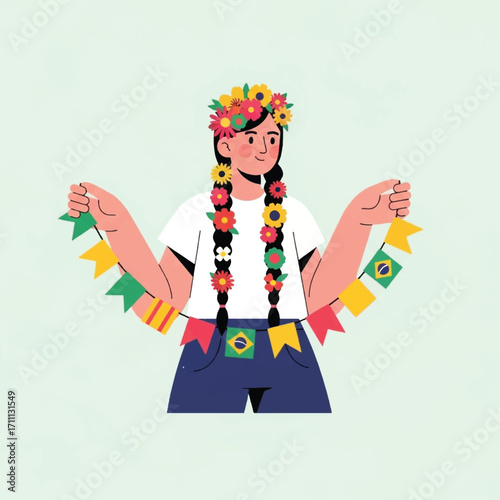 An illustration of a smiling woman with floral braids holding a string of colorful Brazilian festival flags.
