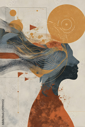 Abstract artwork depicting a womans profile and creative thoughts.
