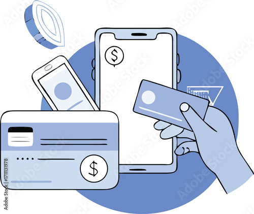 Flat Isometric Cashless Payment with NFC Phone and Credit Card Illustration