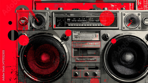 Vintage Boombox with Red Overlay: A Nostalgic Music Icon.