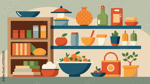 A kitchen with open shelves displaying ceramic plates and bowls a collection of cookbooks and a basket filled with fresh produce.