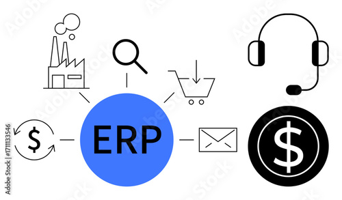 ERP system central circle linking factory, search, shopping cart, currency, email, headset, and dollar. Ideal for business process, finance e-commerce automation software integration customer