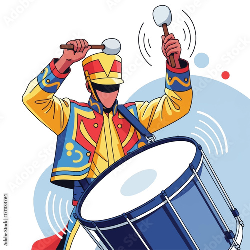 Illustration of a drummer in a colorful uniform playing a large drum with mallets.