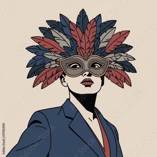 A woman in a business suit, wearing a colorful masquerade mask and feathered headdress.