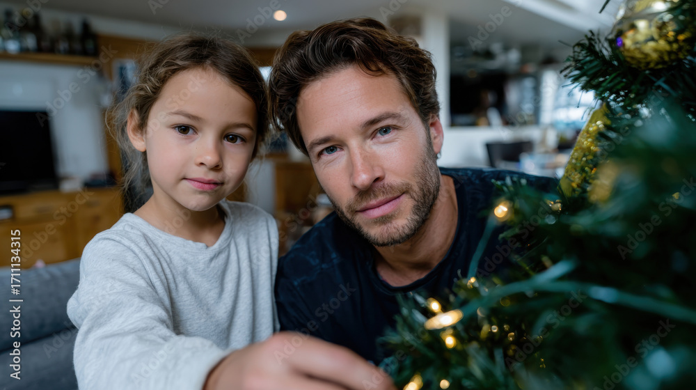 Fototapeta premium Capturing a sweet interaction between a father and daughter as they share the joy of decorating a Christmas tree, symbolizing love and cherished family moments.