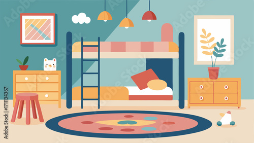 A playful kids room with a Scandinaviandesigned bunk bed and a retroinspired rug featuring whimsical illustrations.