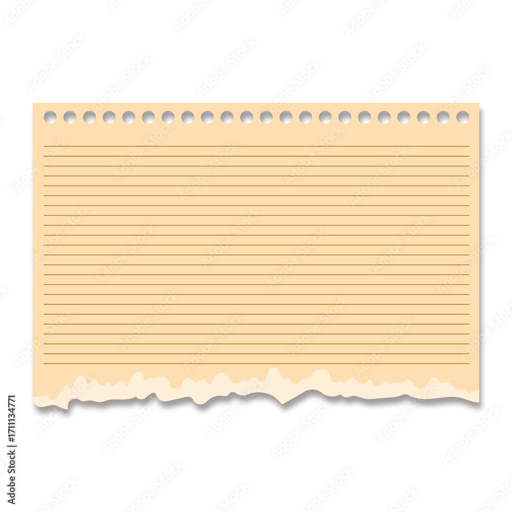 Fototapeta premium Pink lined torn notebook paper sheet with holes isolated on white background