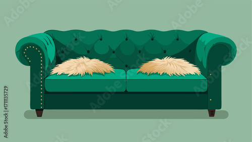 A luxurious velvet Chesterfield sofa in a deep emerald green surrounded by metallic accents and plush faux fur accents.