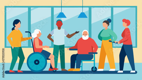 Exercise Room for All A fitness center with adaptive exercise equipment designed for seniors with disabilities with residents participating in a group exercise class led by an