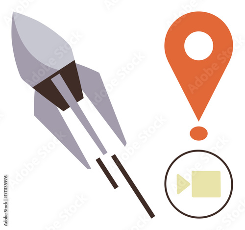 Rocket launching upward, orange location marker, and video camera icon. Ideal for innovation, exploration, technology, travel, space media and futuristic themes. Simple flat metaphor