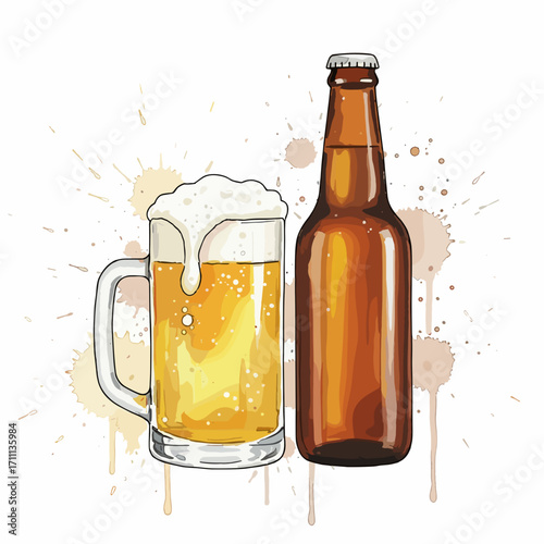 Watercolor vector illustration glass of beer and beer bottle without label on white background