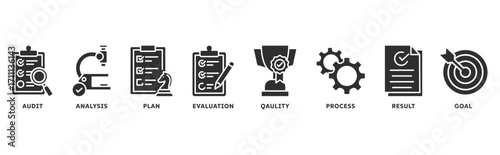 Assessment icon set illustration concept with icon of audit, analysis, plan, evaluation, quality, process, results, goal 
