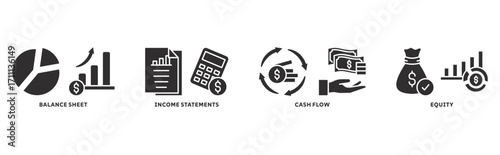 Financial statement icon set illustration concept with icon of income statement, balance sheet, cash flow, equity
