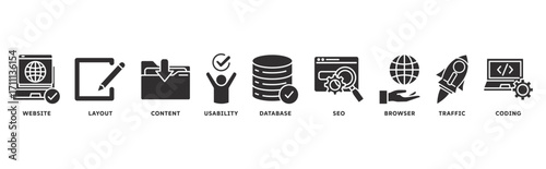 Web Design icon set illustration concept with icon of website, layout, content, usability, database, seo, browser, traffic, coding