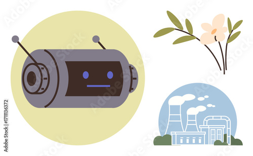 Robot head with antennas, flower with leaves, and industrial plant with chimneys emitting steam. Ideal for technology, sustainability, energy, innovation, industry, artificial intelligence future