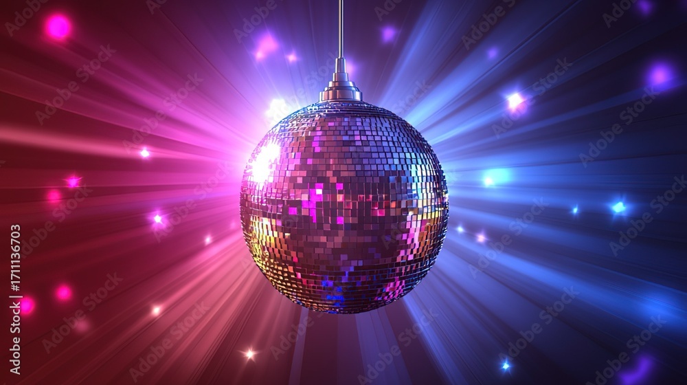 Obraz premium Hanging Disco Ball with Radiant Pink and Blue Light Effects