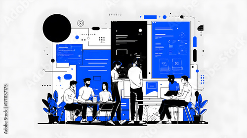 Modern business team collaborating with interactive digital interfaces.