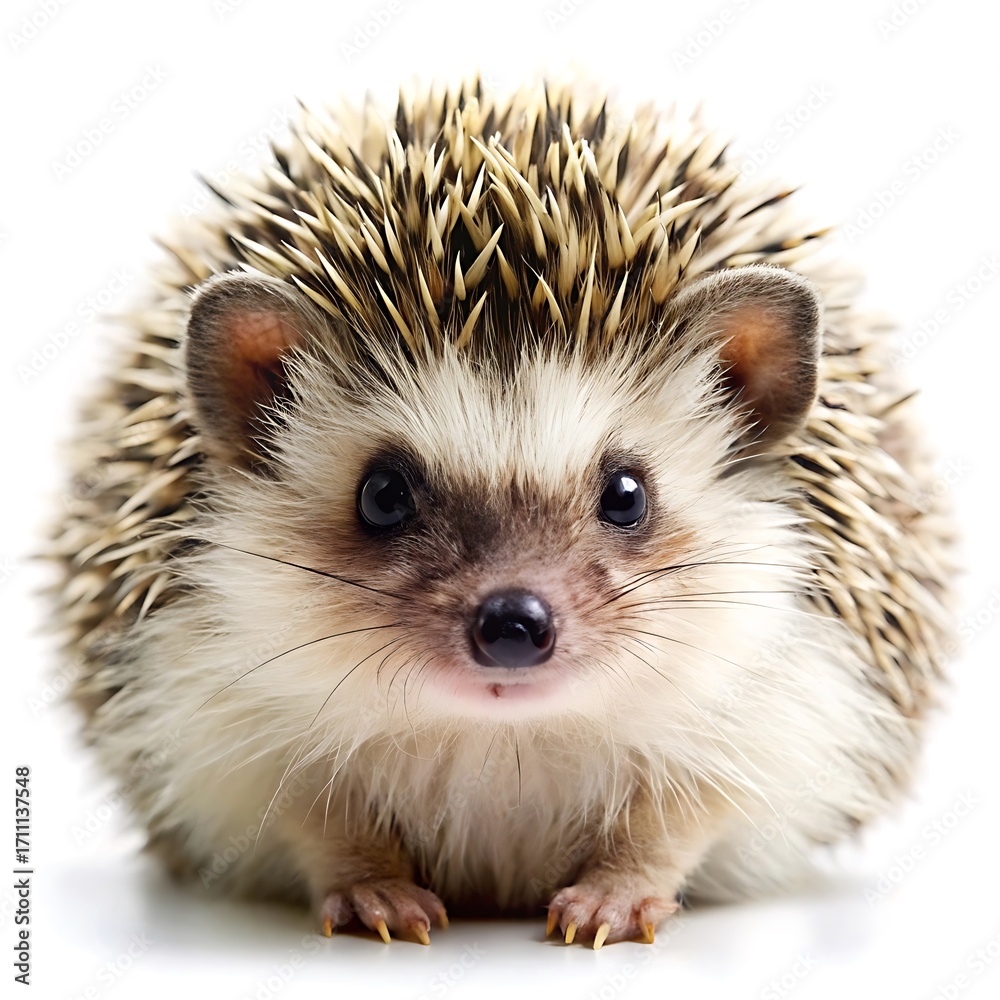 Obraz premium Adorable hedgehog portrait on a white background showcasing its spiky quills and cute face